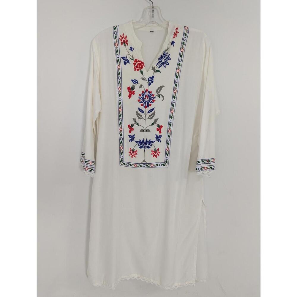 Women's Floral Festival Tunic Midi Dress Size L Bohemian Cottagecore Boho Chic